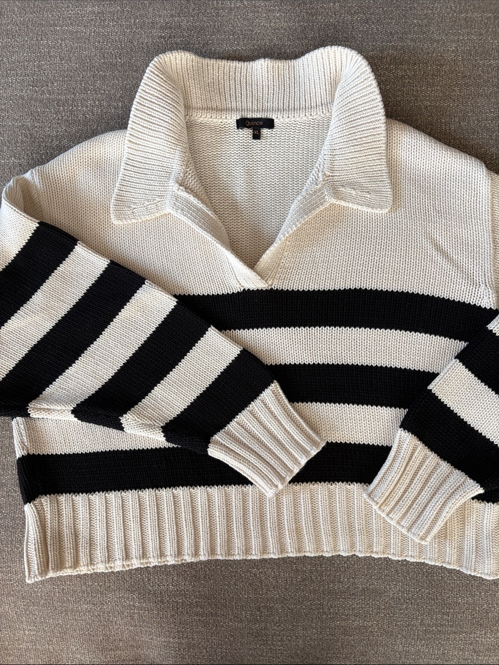 QUINCE Cropped 100% Organic Cotton Polo Sweater Black Stripes Sz 16 XL Lk New!